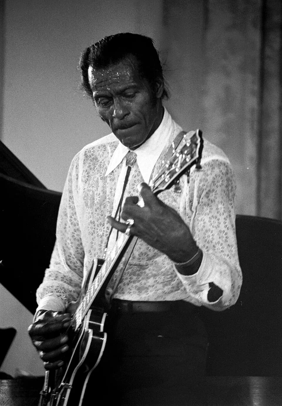 Chuck Berry - Le chanteur américain Chuck Berry en concert à Deauville (Normandie, France) en 1987.