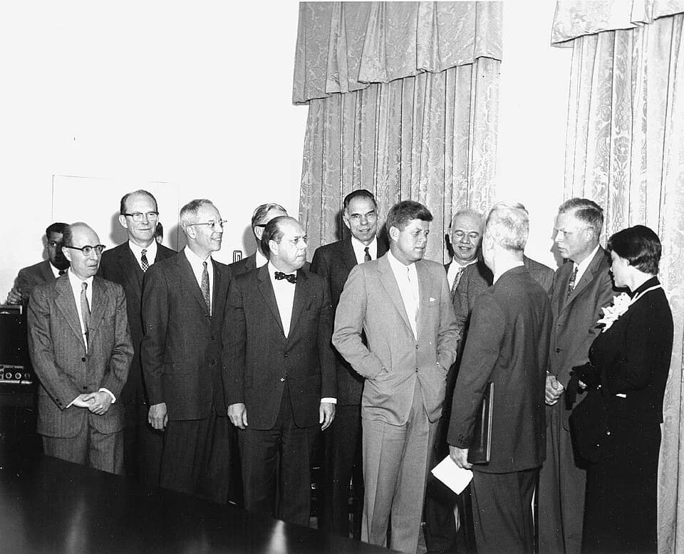Hans Bethe - Presentation of the Enrico Fermi Award to Dr. Hans Bethe. L-R: members of the General Advisory Committee to the Atomic Energy Commission (AEC), Dr. Eugene Wigner, Dr. Willard Libby (in ba
