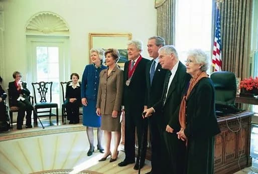 Hal Holbrook - President George W. Bush and Laura Bush pose for a photo with actor Hal Holbrook, center, one of the National Humanities Medal Award recipients, during a ceremony in the Oval Office Fri