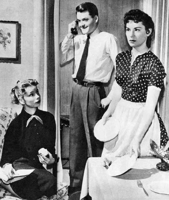 Hal Holbrook - A scene from the daytime drama The Brighter Day. Three of Reverend Dennis' children are shown. From left: Mary Linn Beller (Babby), Hal Holbrook (Grayling), and Lois Nettleton (Patsy). 