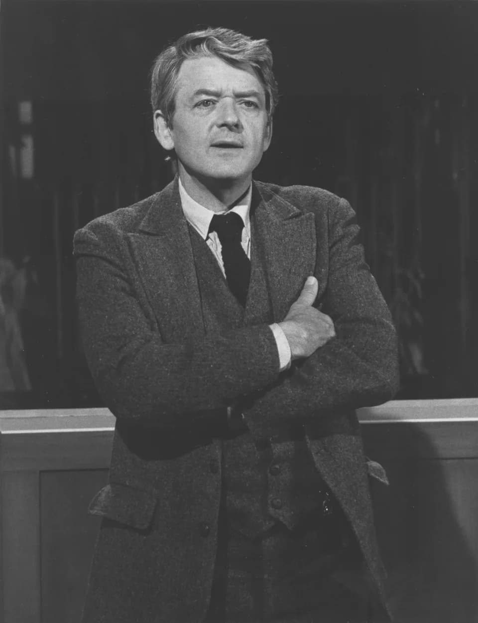 Hal Holbrook - Publicity photograph of Hal Holbrook as the Stage Manager in the 1977 television specially-presented adaptation of Our Town. The TV adaptation aired on May 30, 1977, 9–11 PM ET.