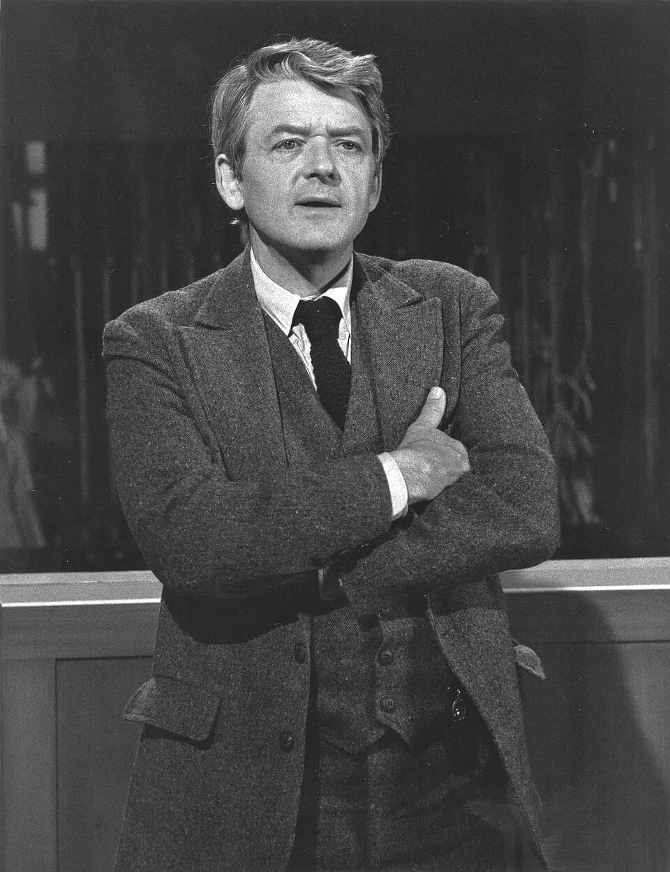 Hal Holbrook - Publicity photograph of Hal Holbrook as the Stage Manager in the 1977 television specially-presented adaptation of Our Town. The TV adaptation aired on May 30, 1977, 9–11 PM ET.
