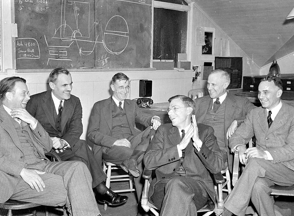 Ernest Lawrence - Leaders of the S-1 project, consider the feasibility of the 184-inch cyclotron at Berkeley, March 29, 1940. Group photo of E. O. Lawrence, A. H. Compton, V. Bush, J. B. Conant, K. Co