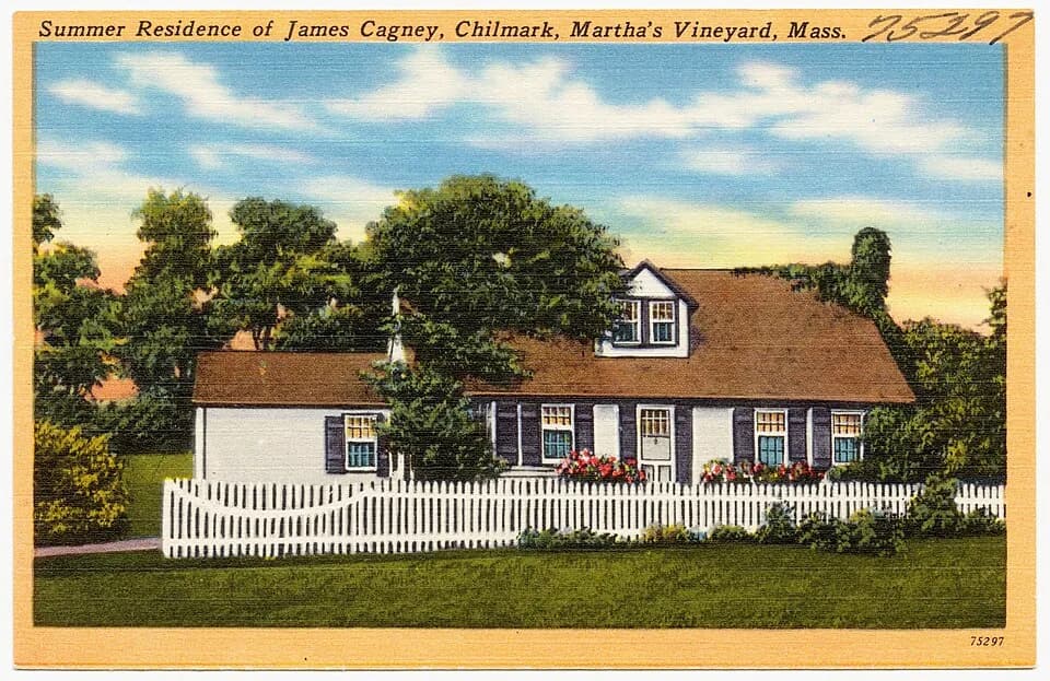 James Cagney - Title: Summer Residence of James Cagney, Chilmark, Martha's Vineyard, Mass.
Subjects: Houses
Places: Massachusetts > Dukes (county) > Martha's Vineyard (island) > Chilmark
Note