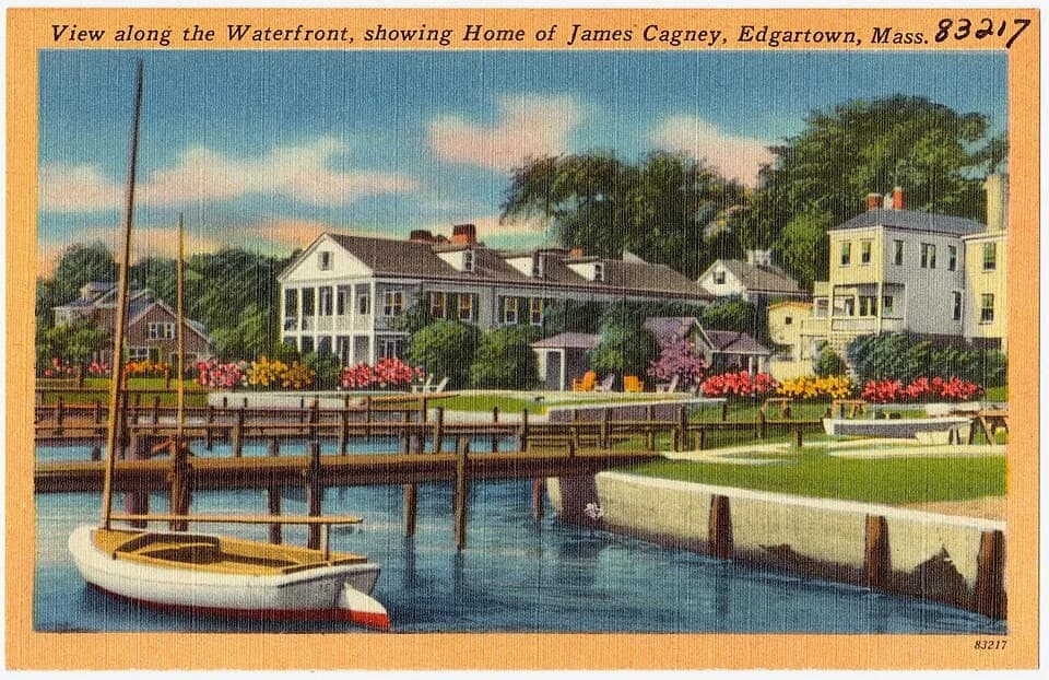 James Cagney - Title: View along the Waterfront, showing home of James Cagney, Edgartown, Mass.
Subjects: Houses; Waterfronts; Cagney, James, 1899-1986
Places: Massachusetts > Dukes (county) > M