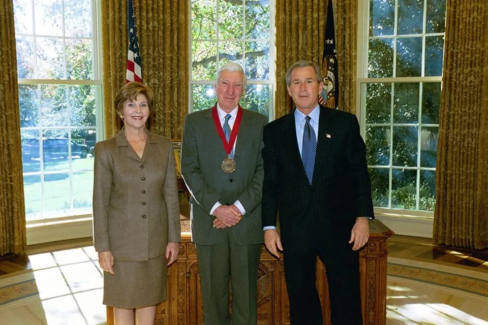 John Updike - President George W. Bush and Mrs. Laura Bush with National Humanities Medal Recipient John Updike, 11/14/2003