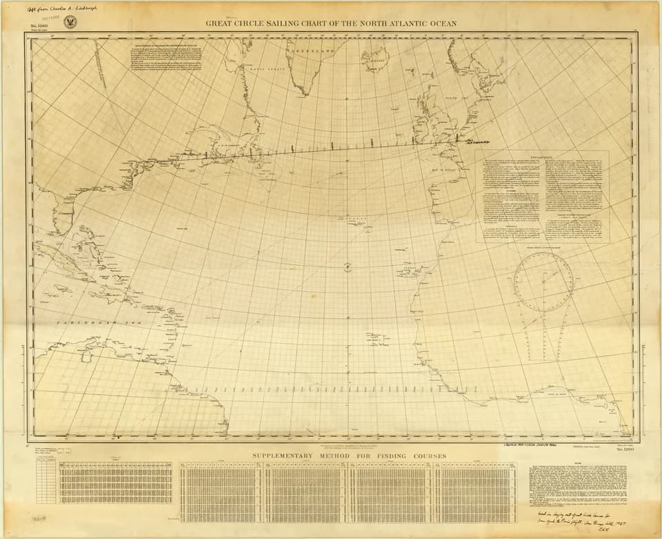 Charles Lindbergh - "Great Circle Sailing Chart of the North Atlantic Ocean" created in 1926 by the United States Hydrographic Office. Annotated by Charles A. Lindbergh.