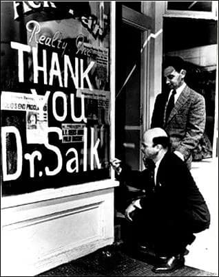 Jonas Salk - 1-Photo: shopkeeper expresses a nation's gratitude for Dr. Salk's discovery.