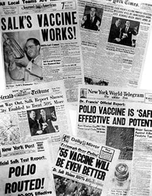Jonas Salk - Photo of newspaper headlines about polio vaccine tests