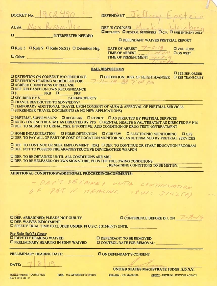 Jeffrey Epstein - Federal paperwork regarding Jeffrey Epstein being denied bail