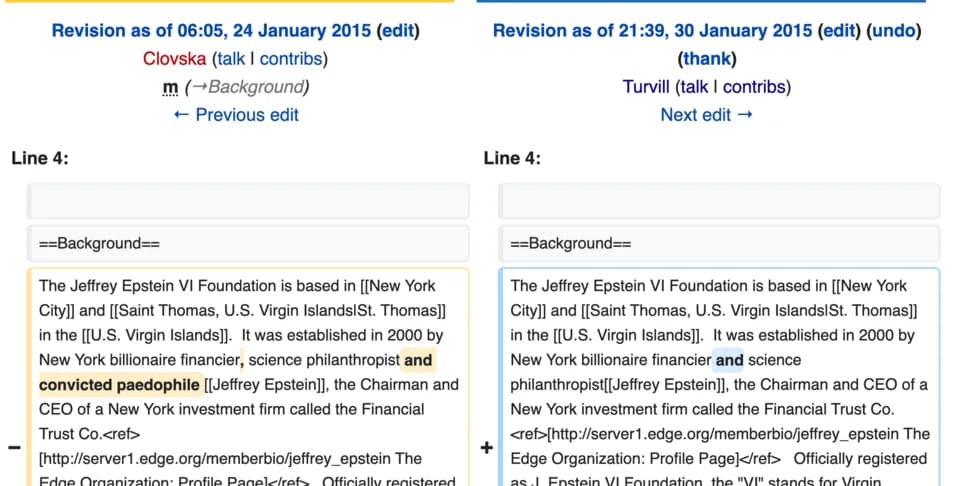 Jeffrey Epstein - Screen Shot of edit by User Turvill on Wikipedia