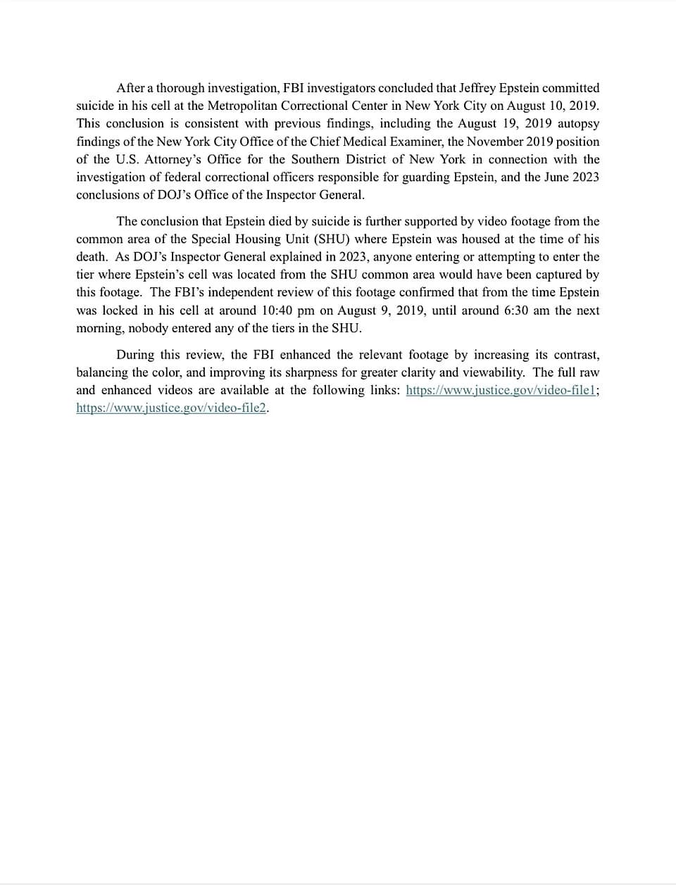 Jeffrey Epstein - This is the second page of the July 2025 memo, released by the FBI, about the 2025 findings of American sex offender Jeffrey Epstein (1953-2019). The second page talks about the suic