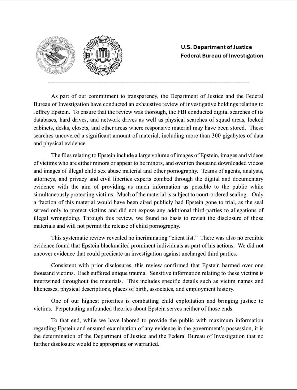 Jeffrey Epstein - This is the first page of the July 2025 memo, released by the FBI, about the 2025 findings of American sex offender Jeffrey Epstein (1953-2019). The first page talks about how Epstei