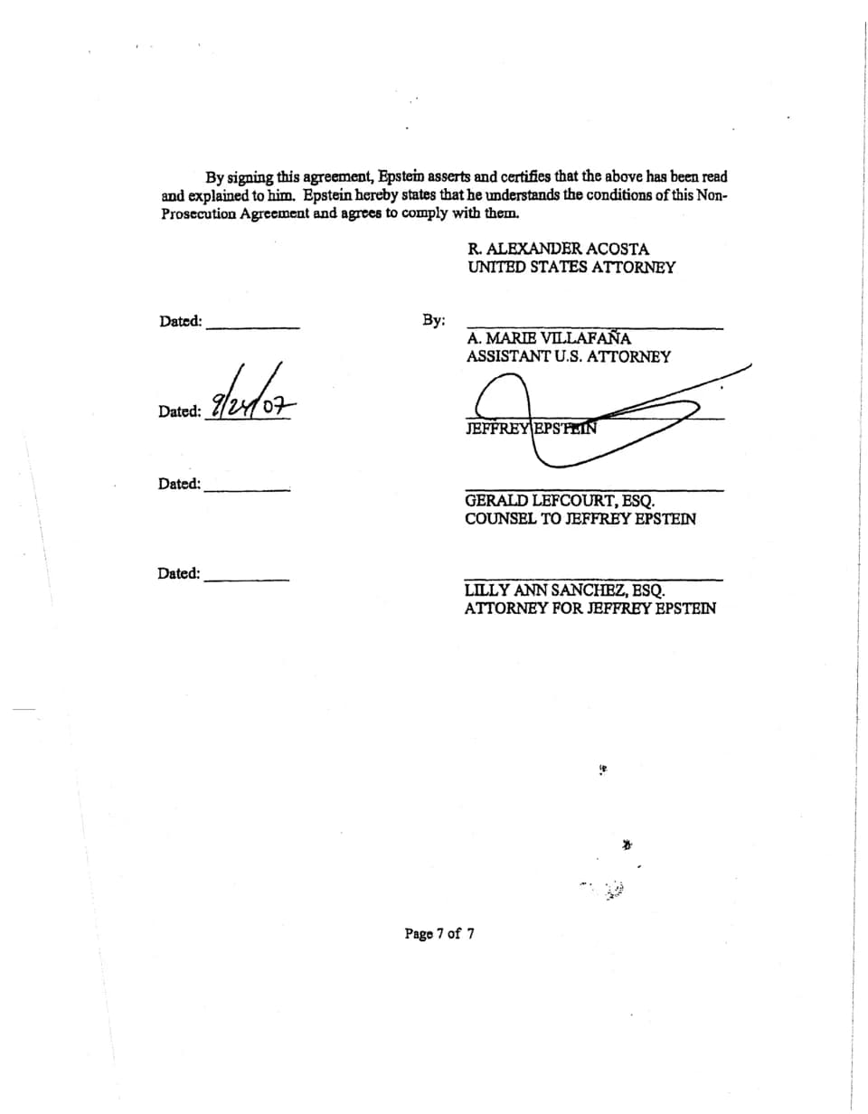 Jeffrey Epstein - Page 7 of Non-Prosecution Agreement of w:Jeffrey Epstein by w:Alexander Acosta, then United States Attorney for the Southern District of Florida.