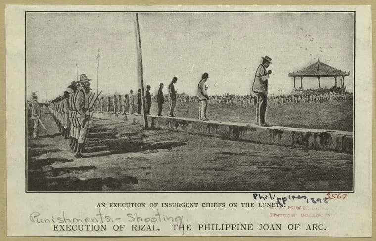 José Rizal - "Execution of Rizal. The Philippine Joan of Arc." 
From the book "The Philippine Islands" (New York : Continental Pub. Co., [1898]) Lala, RamonJose Rial Reyes, Author.