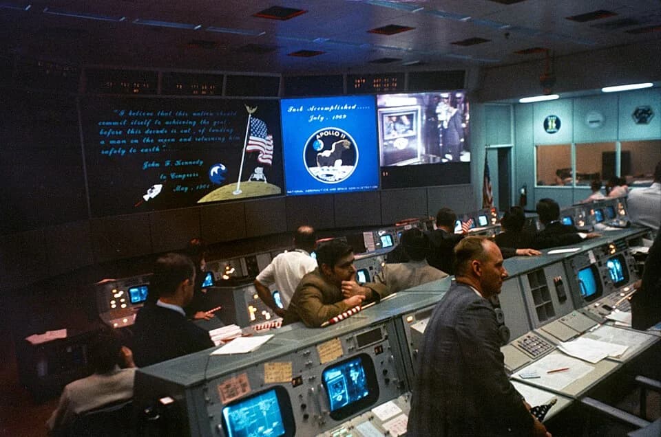 Michael Collins - Overall view of the Mission Operations Control Room (MOCR) in the Mission Control Center (MCC), Building 30, Manned Spacecraft Center (MSC), at the conclusion of the Apollo 11 lunar 
