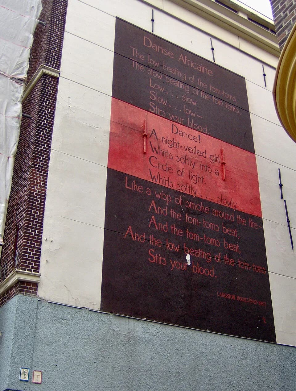 Langston Hughes - The poem Danse Africaine of the American poet Langston Hughes on a wall of the building at the Nieuwe Rijn 46, Leiden, The Netherlands