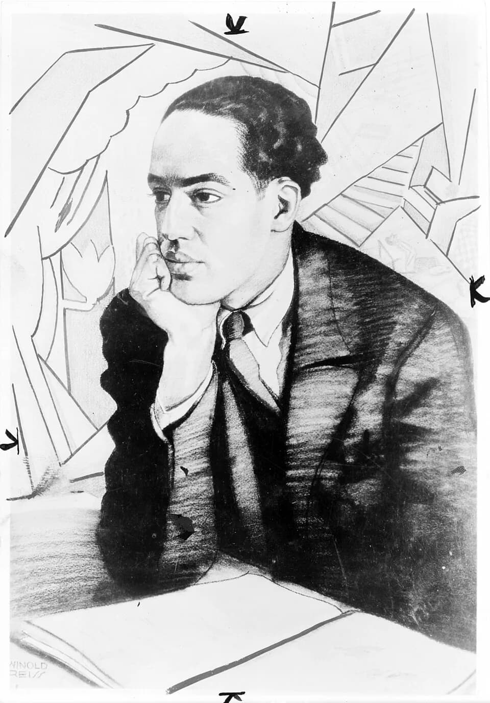 Langston Hughes - Langston Hughes, half-length portrait, seated, facing right, with right hand under chin.