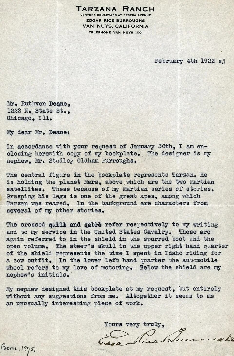 Edgar Rice Burroughs - Typescript letter, with Tarzana Ranch letterhead, from American writer Edgar Rice Burroughs (1875-1950) to ornithologist Ruthven Deane (1851-1953) in which he explains the desig
