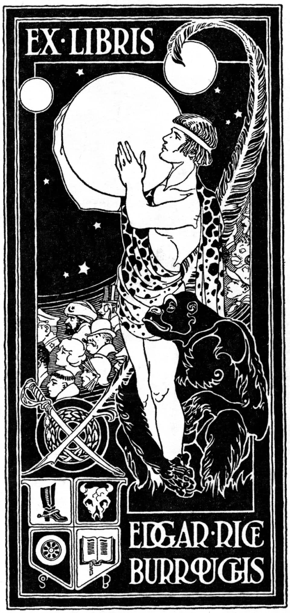 Edgar Rice Burroughs - Bookplate of American writer Edgar Rice Burroughs (1875-1950) showing Tarzan holding the planet Mars, surrounded by other characters from Burroughs' stories and symbols relating