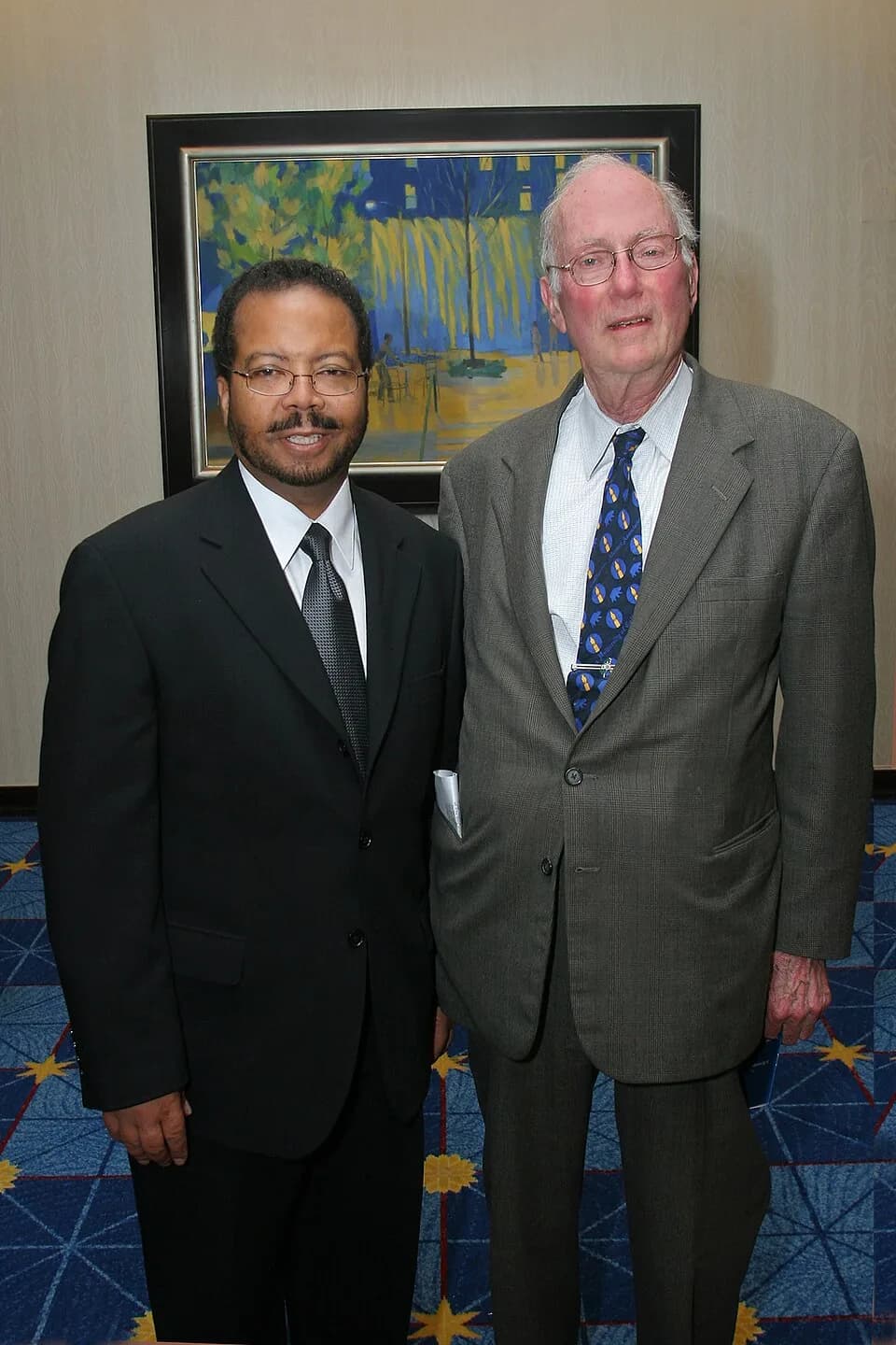 Charles Hard Townes - At NIBIB's 5th Anniversary Symposium, held in June 2007, NIBIB Director Dr. Roderic Pettigrew (l) chatted with special guest speaker Dr. Charles Townes, recipient of the 1964 Nob