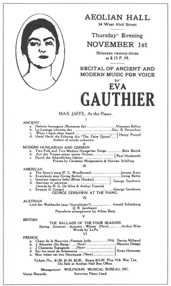 George Gershwin - Playbill from Eva Gauthier's breakthrough 1923 concert where she first presented the works of George Gershwin to a classical audience