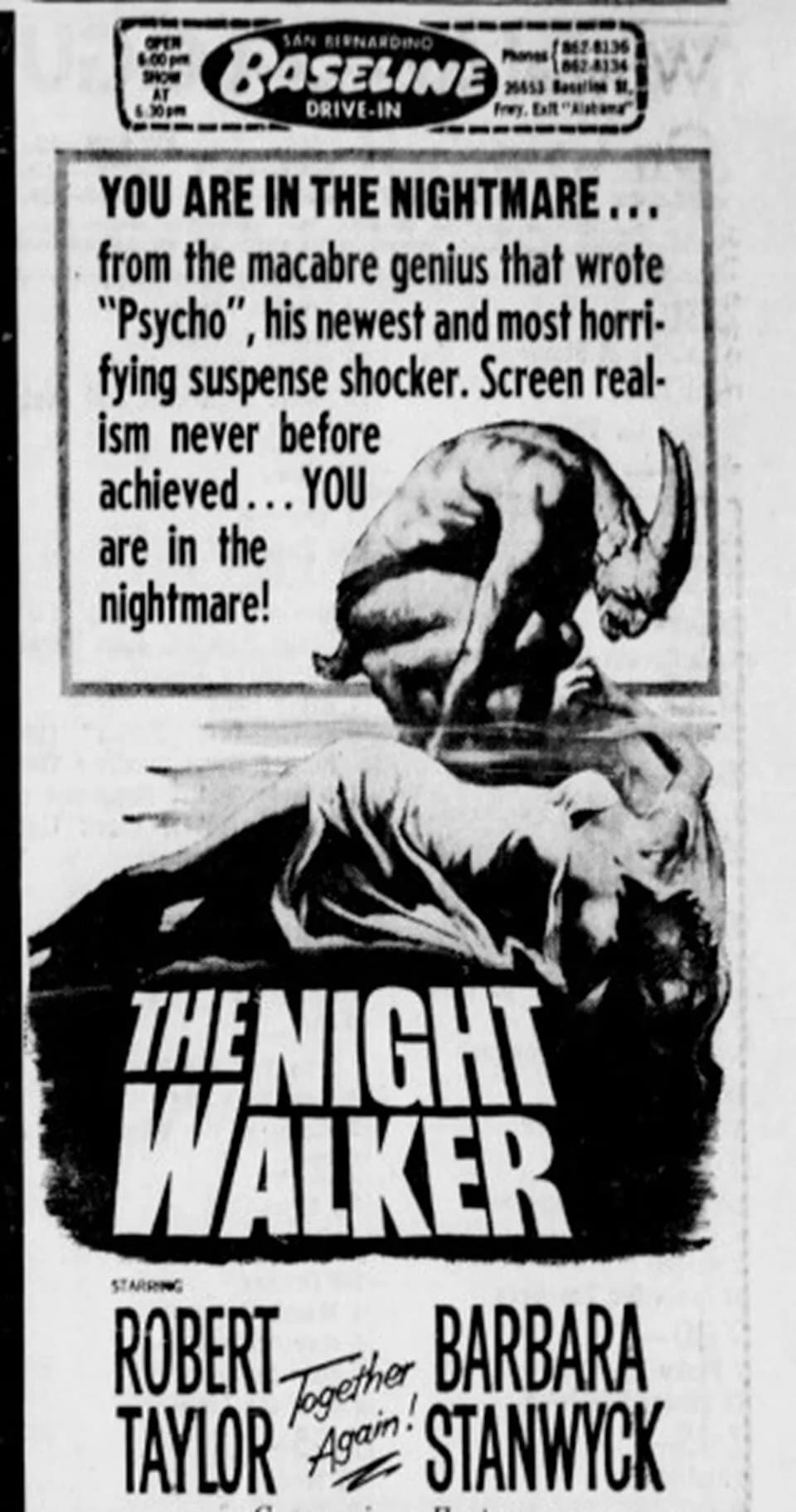 Barbara Stanwyck - Baseline Drive-In theater advertisement for the American psychological horror film The Night Walker (1964). From the 31 December 1964 San Bernardino Sun.