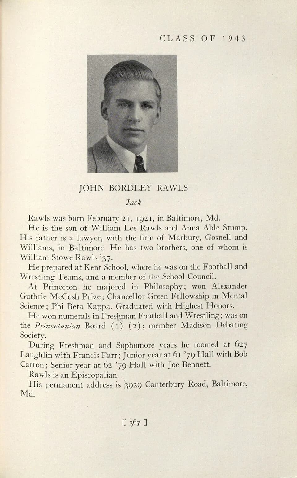 John Rawls - John Bordley Rawls in the Princeton University yearbook