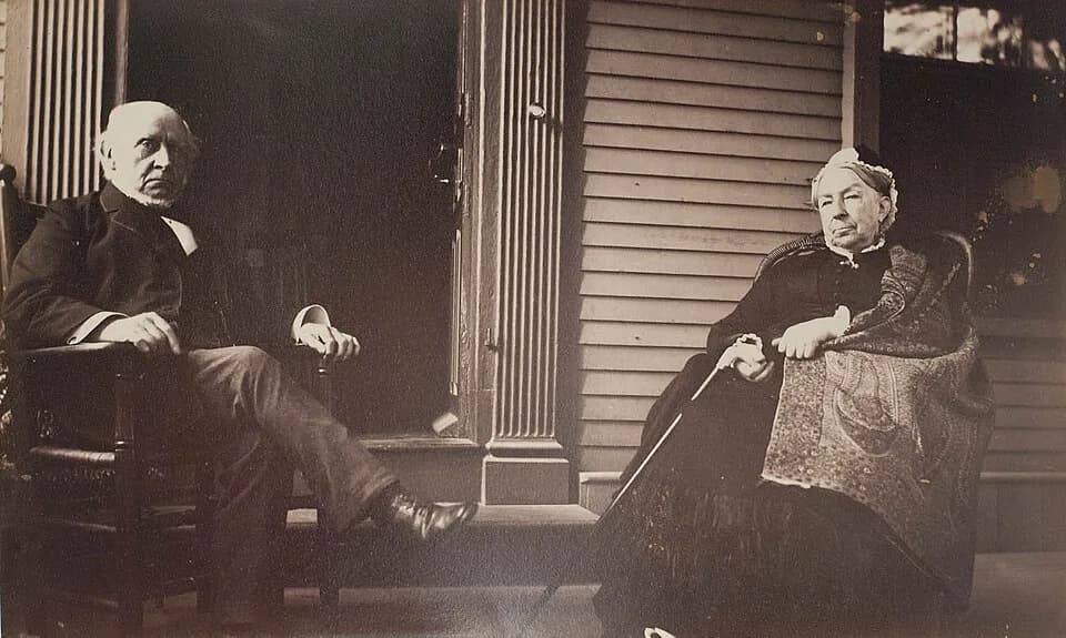 Abigail Adams - Charles F. Adams and Abigail Brooks Adams on piazza at Old House in Quincy. Photograph by Marian Hooper Adams, circa 1883. Album page: 17.4 cm x 25.2 cm; photograph: 11.7 cm x 19.3 cm