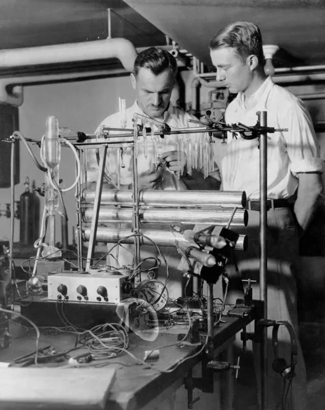 Luis Walter Alvarez - Graduate student Luis Walter Alvarez is shown in 1933 with Arthur Compton, with whom he worked on cosmic ray programs for his Ph.D. thesis at the University of Chicago.