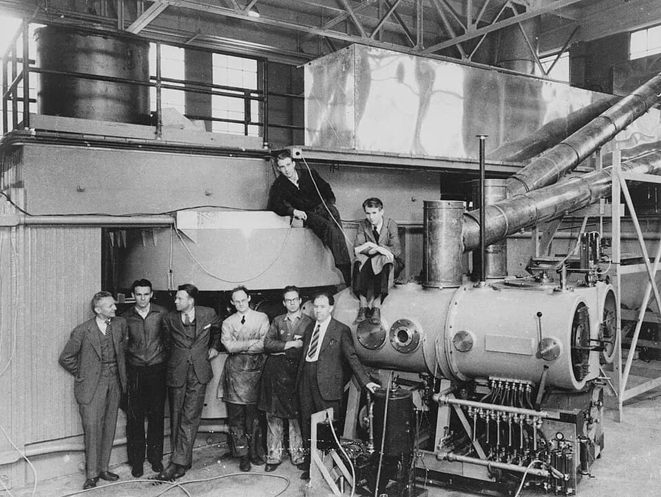 Luis Walter Alvarez - 60-inch cyclotron, 1939. This shows the cyclotron at the Lawrence Radiation Laboratory, Berkeley, soon after completion in 1939. The key figures in its development and use are sh