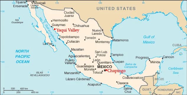 Norman Borlaug - Locations of en:Norman Borlaug's research stations in Mexico.