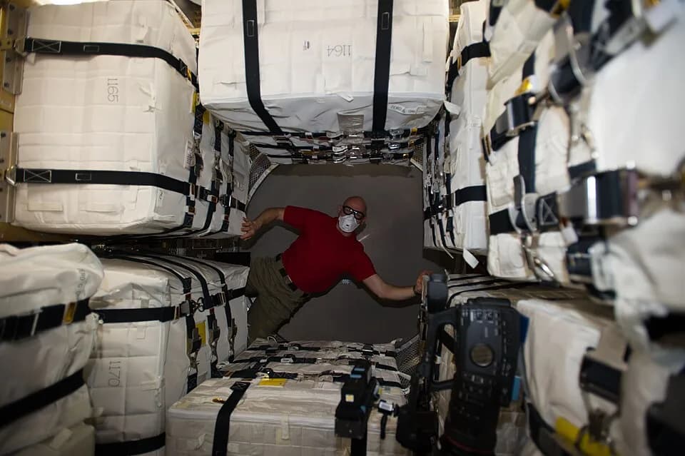 Georges Lemaître - Surrounded by stowage containers, European Space Agency astronaut Alexander Gerst, Expedition 40 flight engineer, is pictured in the newly-attached "Georges Lemaitre" Automated Tran