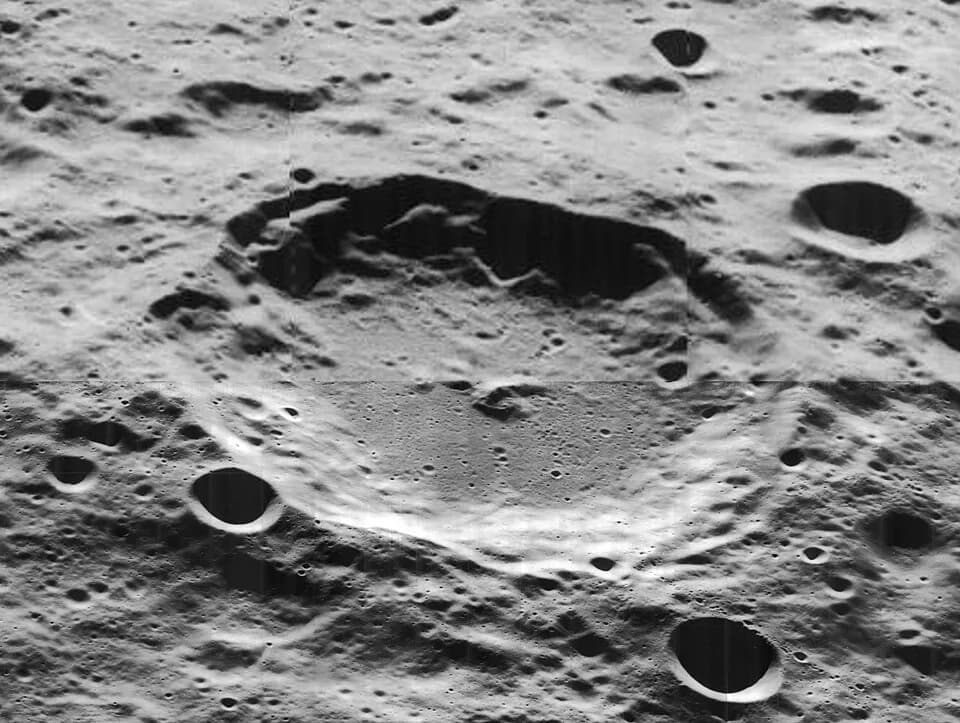 Percy Williams Bridgman - Oblique view of Bridgman crater, on the far side of the moon, facing west.  This is a mosaic of high-resolution (lower half) and low-resolution (upper half) images.