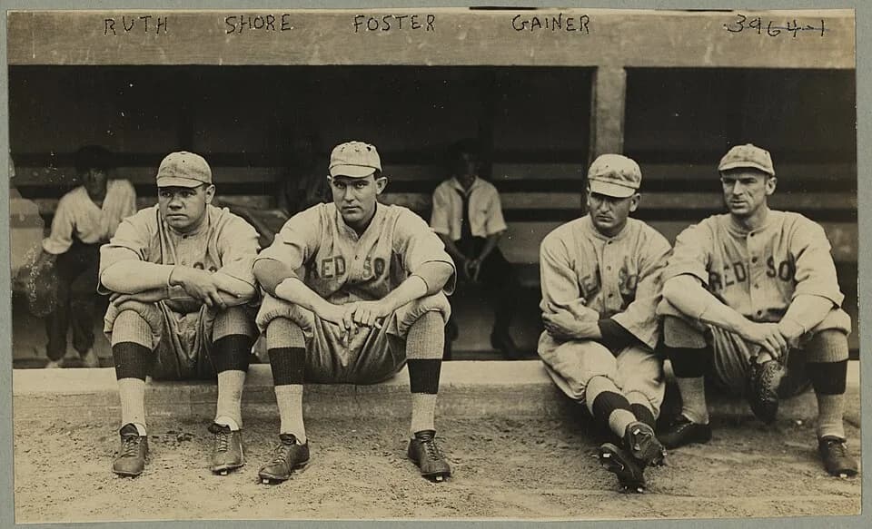 Babe Ruth - Members of the Boston Red Sox major league baseball team: Babe Ruth, Ernie Shore, George "Rube" Foster, and Del Gainer