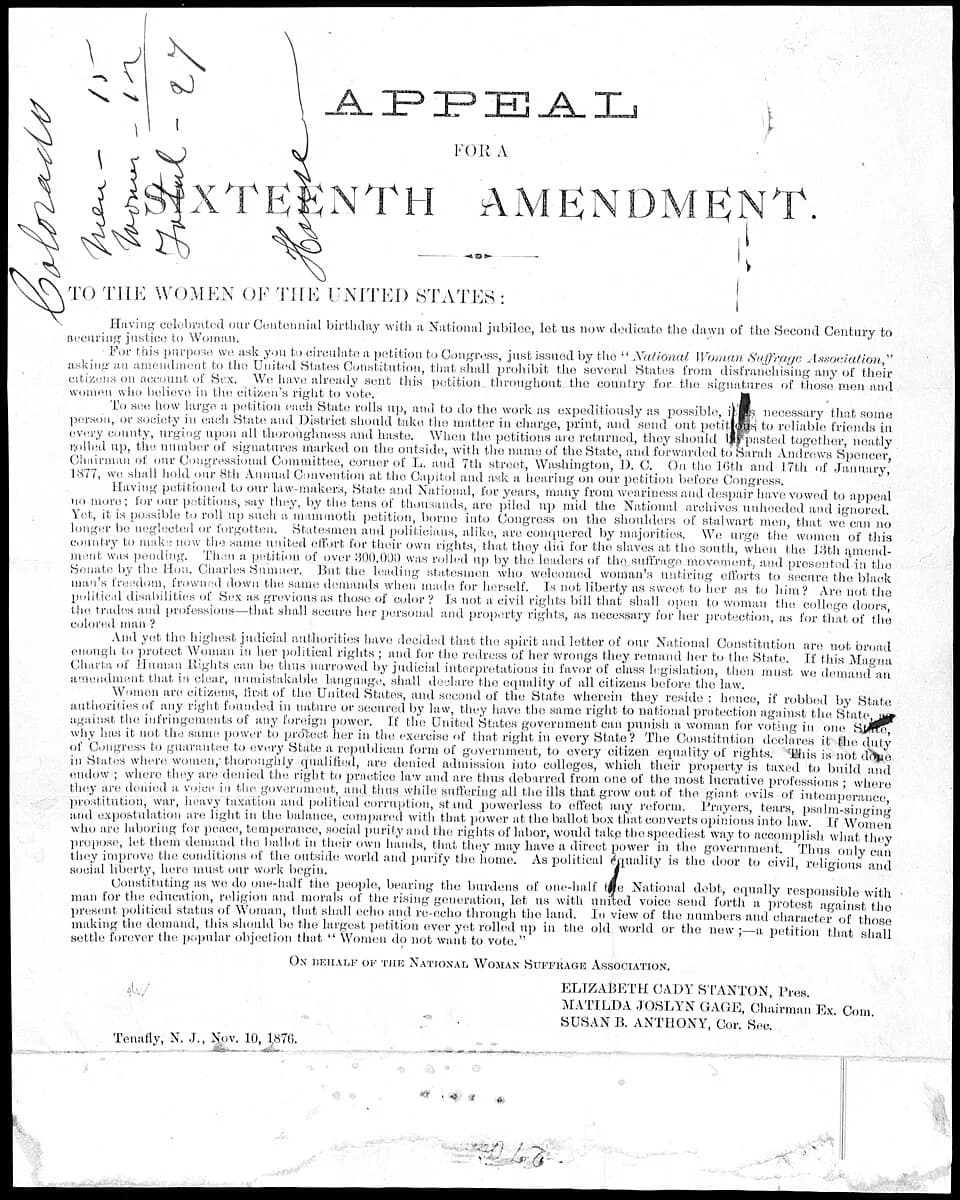 Elizabeth Cady Stanton - "Appeal for a Sixteenth Amendment" from the National Woman Suffrage Association, 11/10/1876
