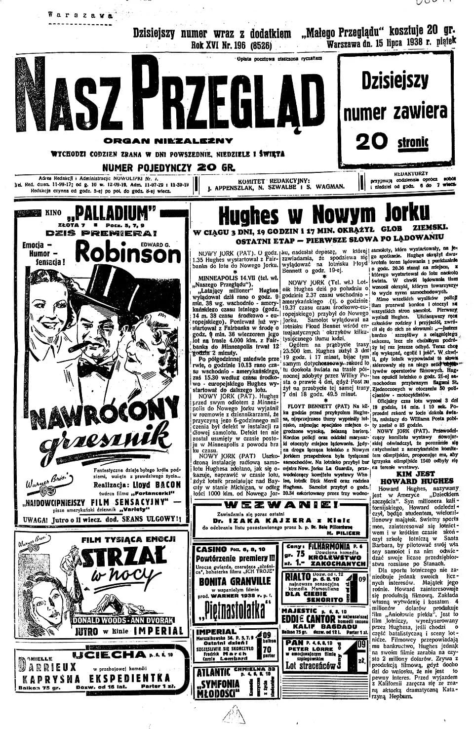 Howard Hughes - Title page of Nasz Przegląd daily newspaper (15.7.1938)en:Howard Hughes' flight of 10.7.1938film-ads:en:A Slight Case of Murderen:The Case of the Stuttering Bishop