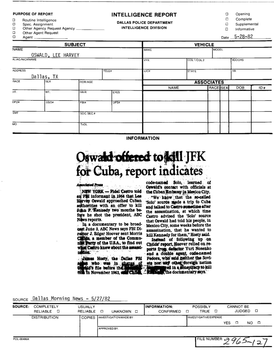 Lee Harvey Oswald - Criminal inteligence report (FBI) with a newspaper clipping from the Dallas Morning News reporting Oswald´s contacted Cuban Embassy in Mexico City about two months before the assas