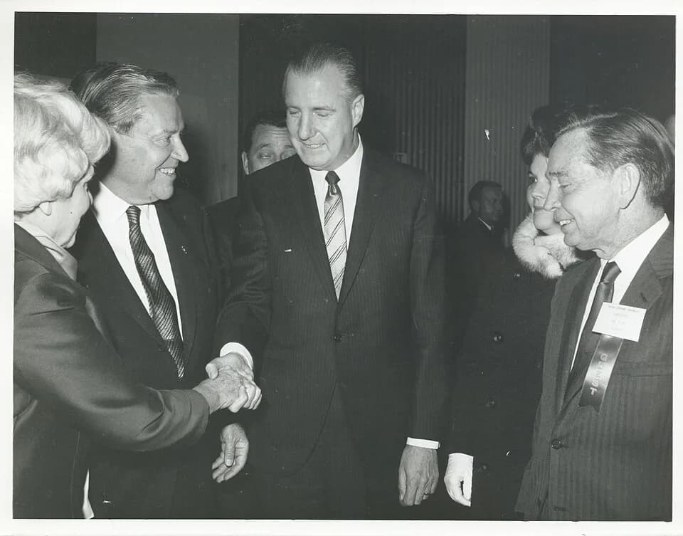 Spiro Agnew - Black and white photograph print of Carl Albert standing with Mr. and Mrs. Spiro Agnew and others.