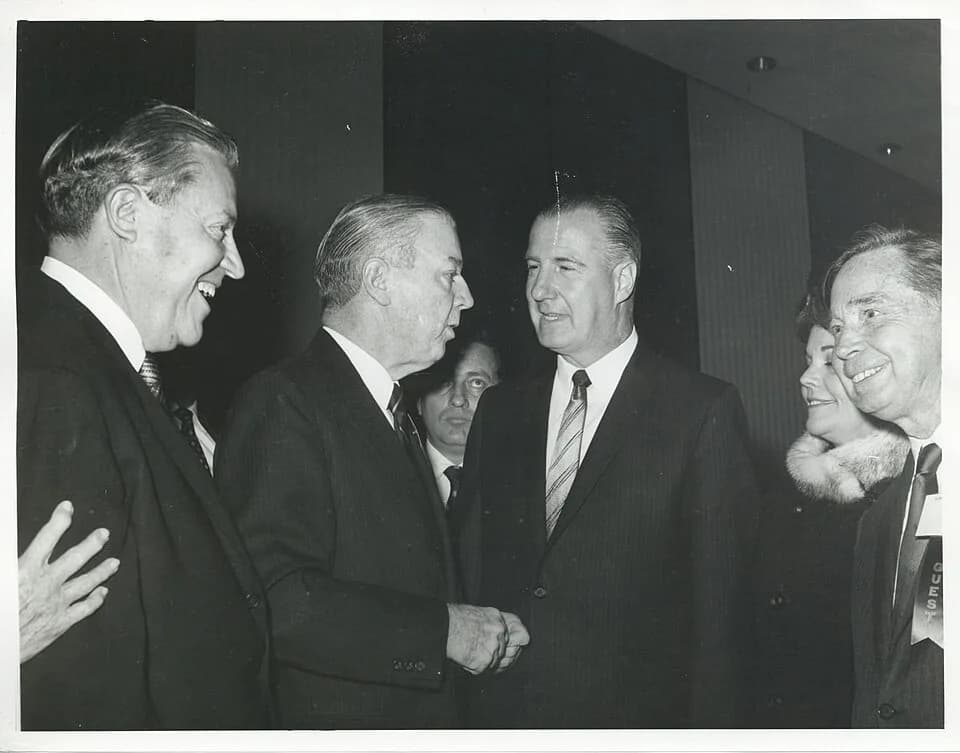 Spiro Agnew - Black and white photograph print of Carl Albert standing with Mr. and Mrs. Spiro Agnew and others.