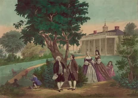 Martha Washington - Painting of George Washington and company standing in front of (Mount Vernon)