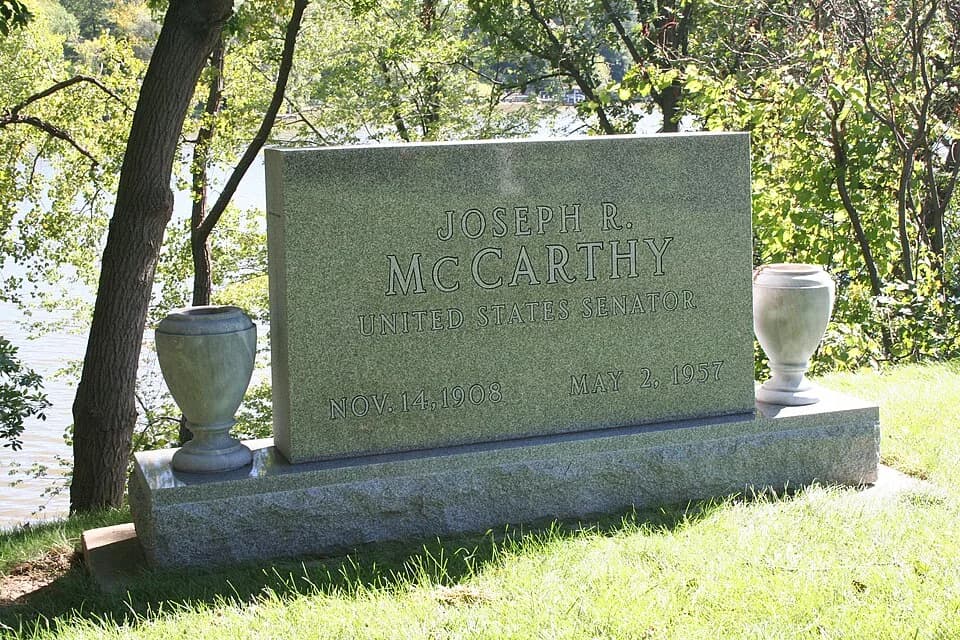 Joseph McCarthy - Tombstone of Joseph Raymond McCarthy at St. Mary's Parish Cemetery, Appleton, Wisconsin. The Fox River is in the background.