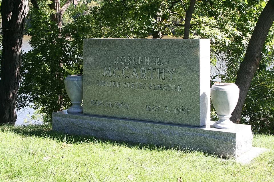Joseph McCarthy - Tombstone of Joseph Raymond McCarthy at St. Mary's Parish Cemetery, Appleton, Wisconsin. The Fox River is in the background.