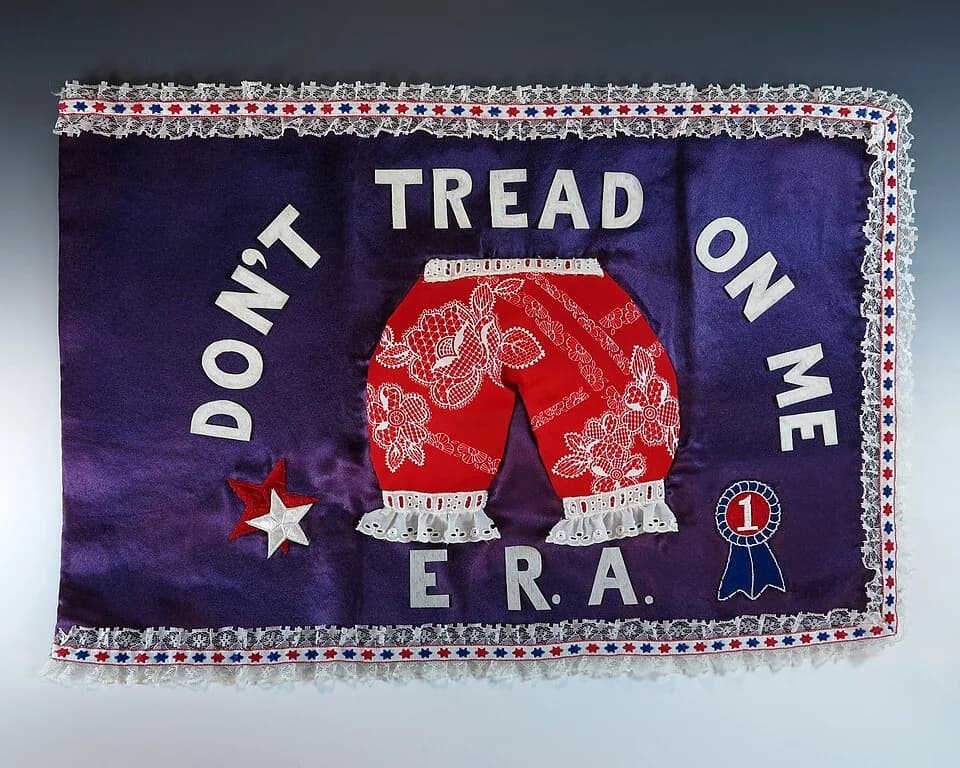 Betty Ford - The purple satin background is trimmed in white lace with a blue and red star border. The pair of red and white bloomers in the center is a play on Betty's maiden name. White text above t