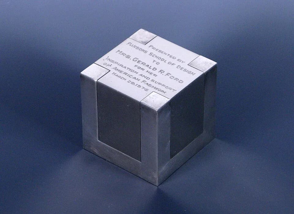 Betty Ford - Silver trophy presented to First Lady Betty Ford by the Parsons School of Design. Inscription reads, “Presented by Parsons School of Design To Mrs. Gerald R. Ford For Her Inspiration and
