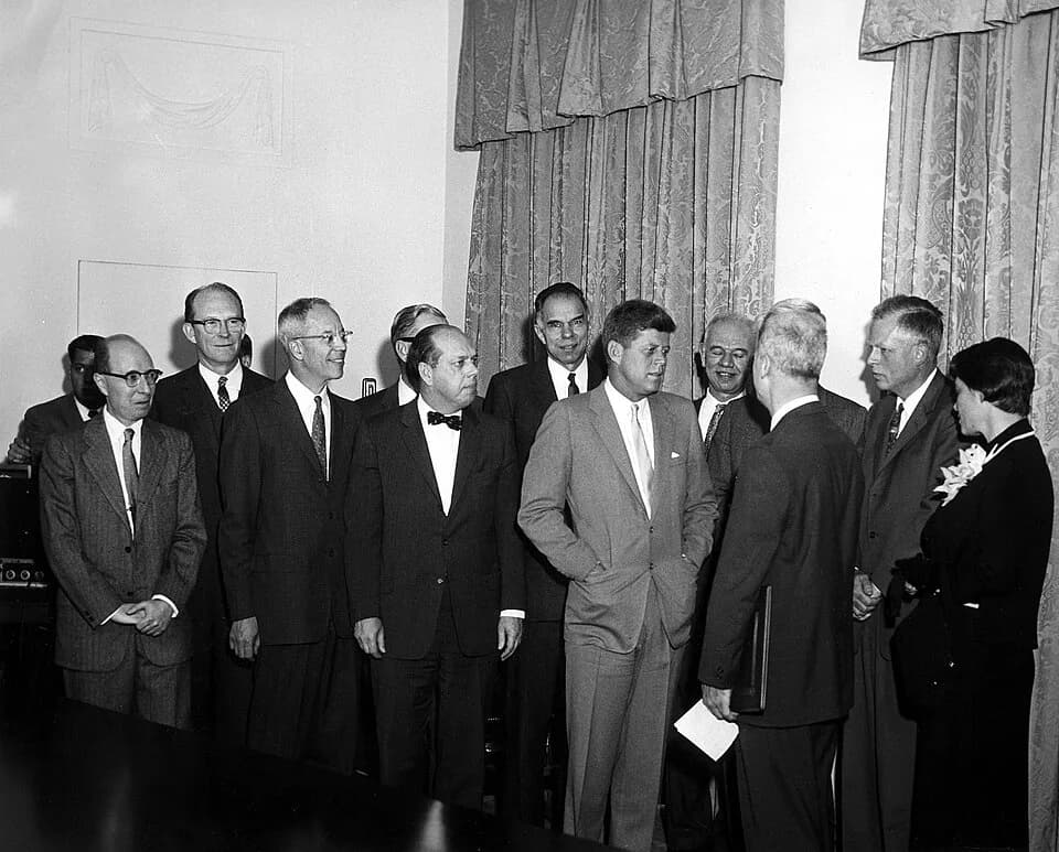 Willard Libby - Presentation of the Enrico Fermi Award to Dr. Hans Bethe. L-R: members of the General Advisory Committee to the Atomic Energy Commission (AEC), Dr. Eugene Wigner, Dr. Willard Libby (in