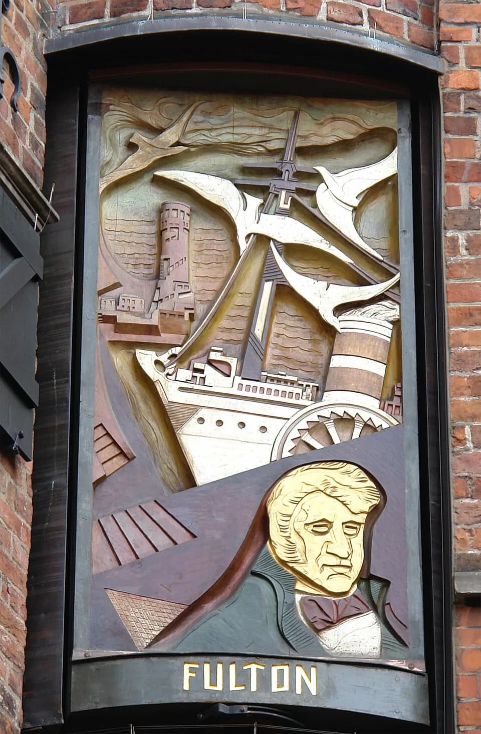 Robert Fulton - Bernhard Hoetger: Robert Fulton (1934, Ozean-Bezwinger auf 10 Bildtafeln). Standort: Haus des Glockenspiels in der Böttcherstraße, Bremen
