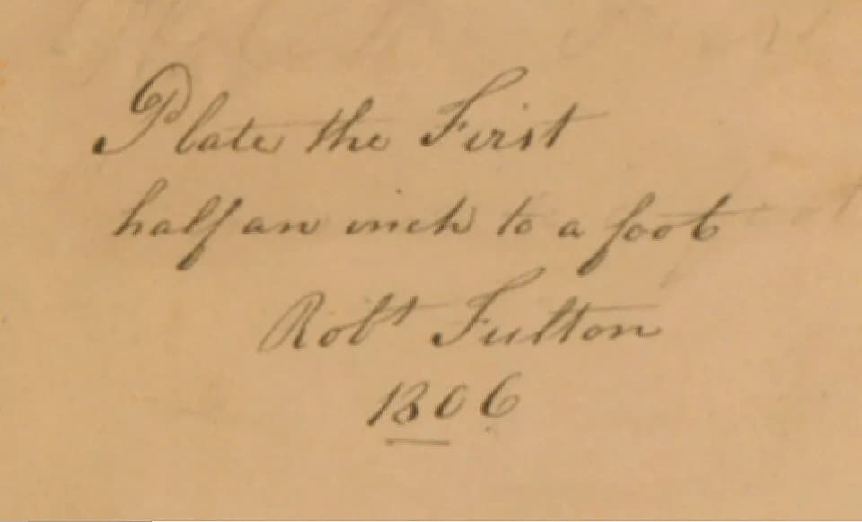 Robert Fulton - Submarine ("Submarine Vessel, Submarine Bombs and Mode of Attack") for the United States government. Submarine vessel, longitudinal section. Scan from original engineering design in p