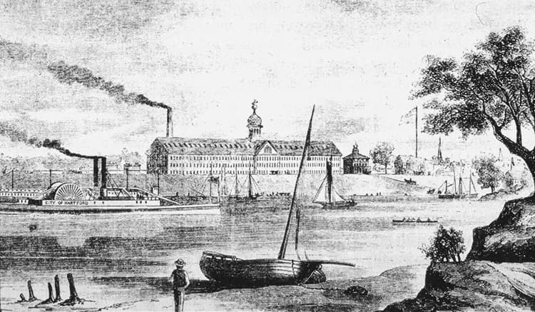 Samuel Colt - Engraving of Colt Armory, Hartford, Connecticut, USA, as seen from the opposite bank of the Connecticut River. Contemporary engraving from 1857. This is the original East Armory building