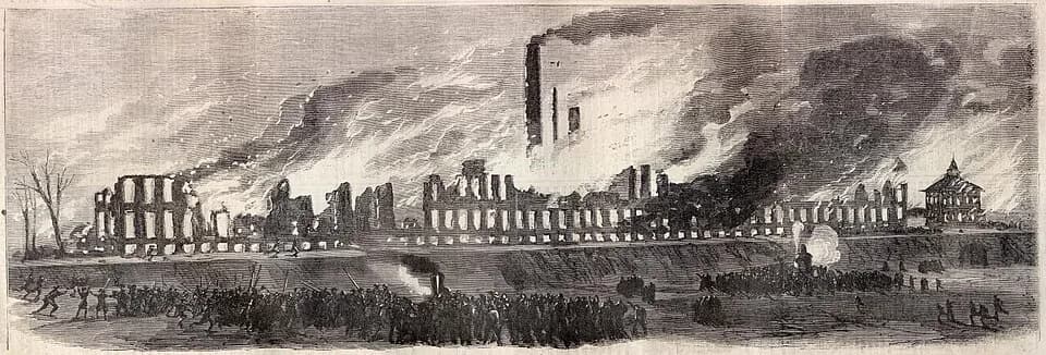 Samuel Colt - Engraving of Colt Armory fire, Hartford, Connecticut, USA. Contemporary engraving from 1864. This is the original East Armory building, constructed 1855.